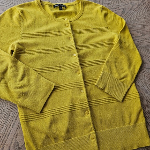 Cable & Gauge Cardigan Womens Small Yellow 3/4 Sleeve Textured Knit Sweater - Picture 9 of 12